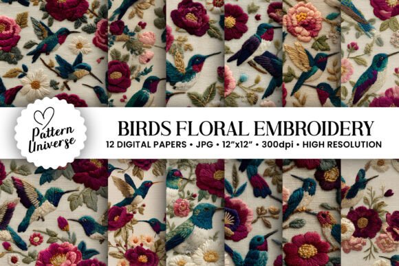 Birds Floral Embroidery Digital Papers