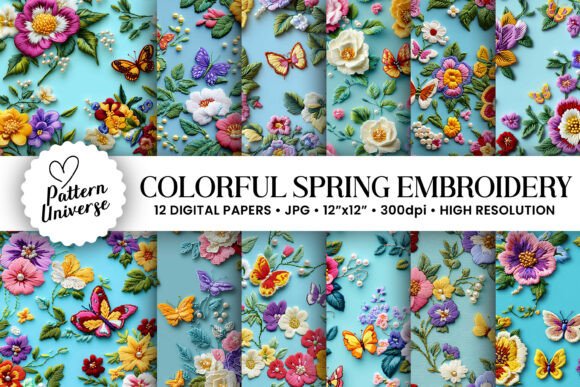 Colorful Spring Floral Embroidery Papers